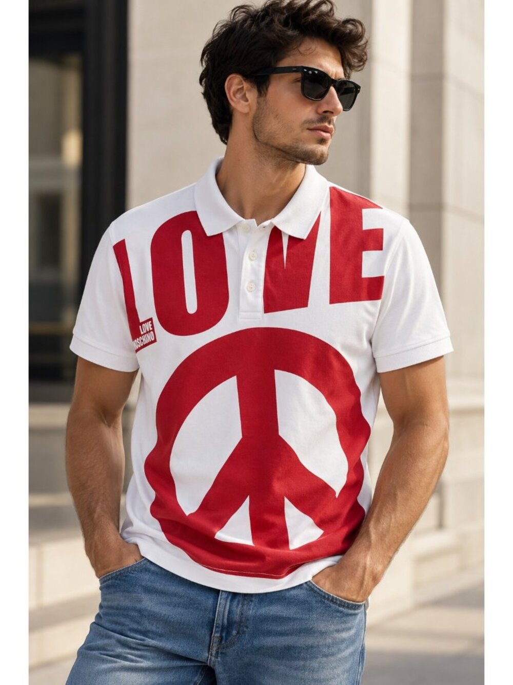 Love Moschino Men's LOVE Peace Sign Graphic Polo Shirt White Red M